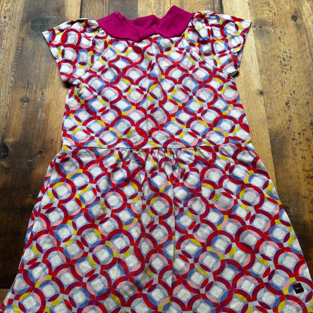 TEA COLLECTION Fuchsia Pink Gray Circle Print Dress Girl's Sz 7 Short Sleeve